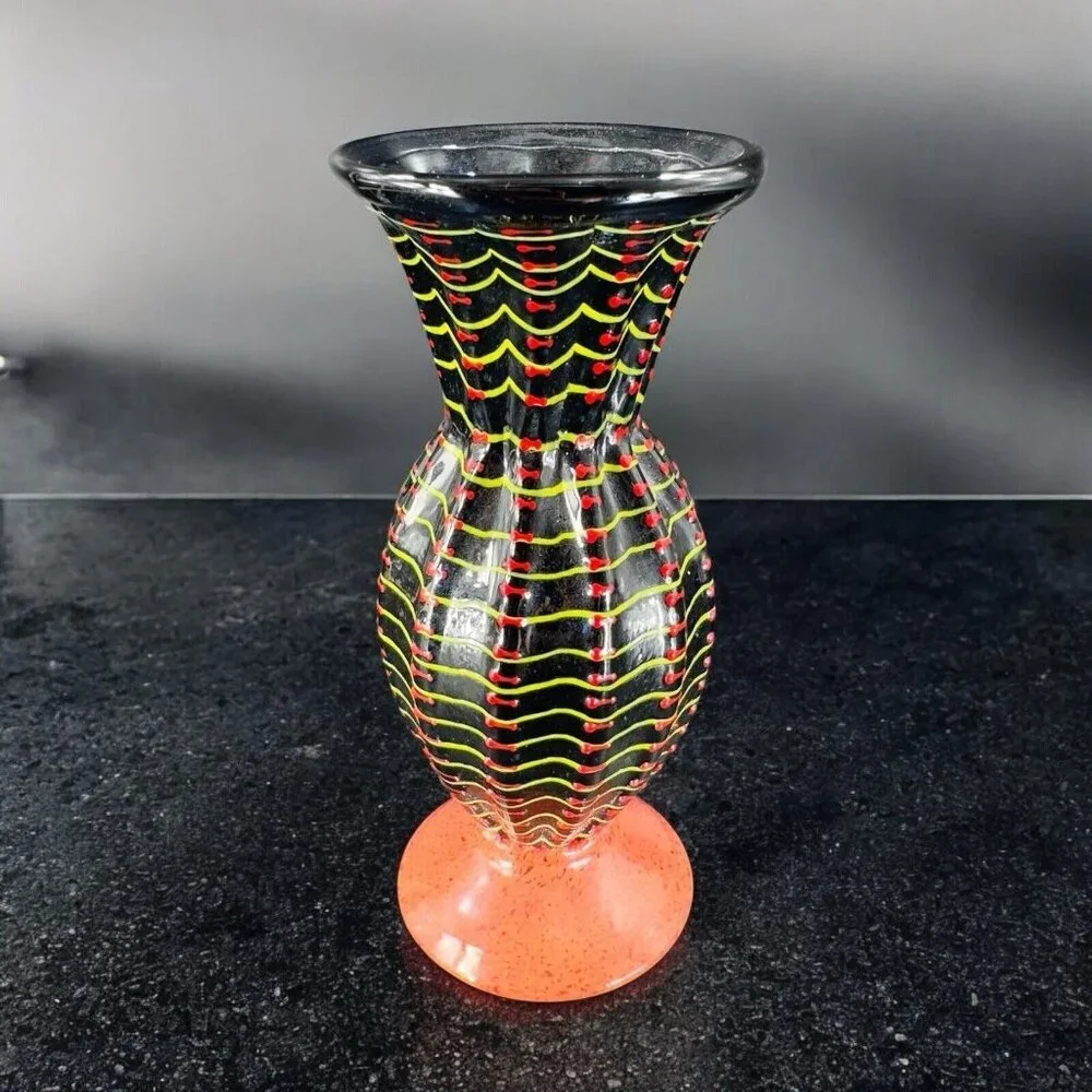 Hand Blown Studio Art Glass Vase Halloween‎ Decor Artist Signed Red Black Spider